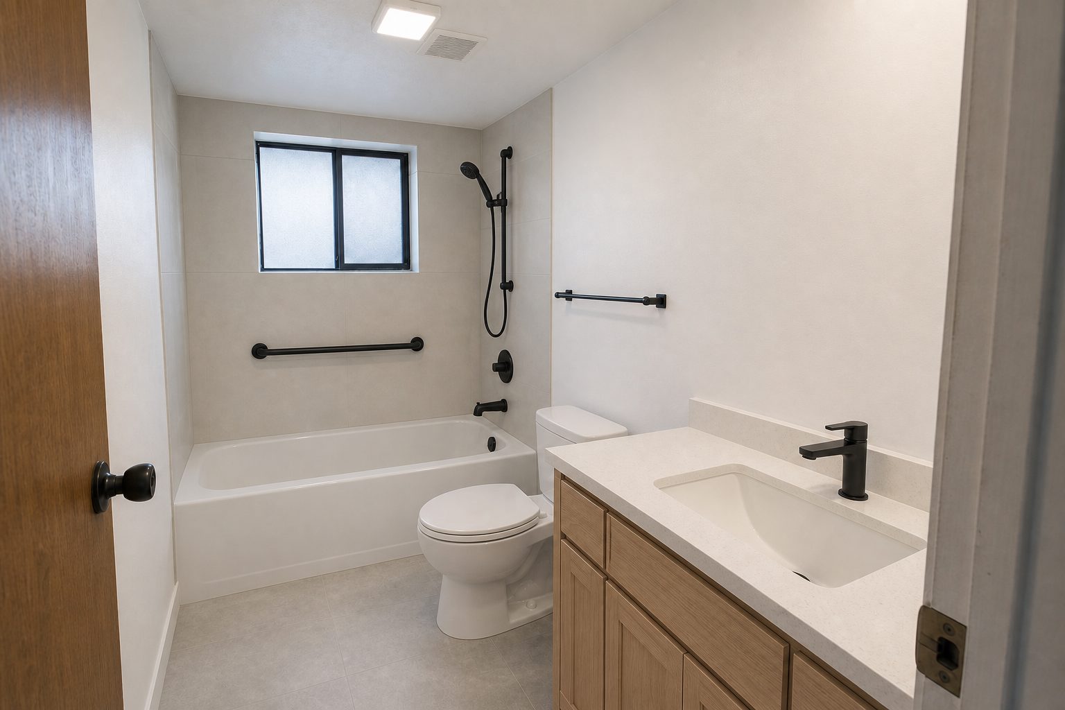 After — dated bathroom updated with grab bars and slip-resistant surfaces